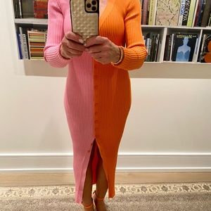 V neck Pink and orange knit midi sweater dress/long cardigan